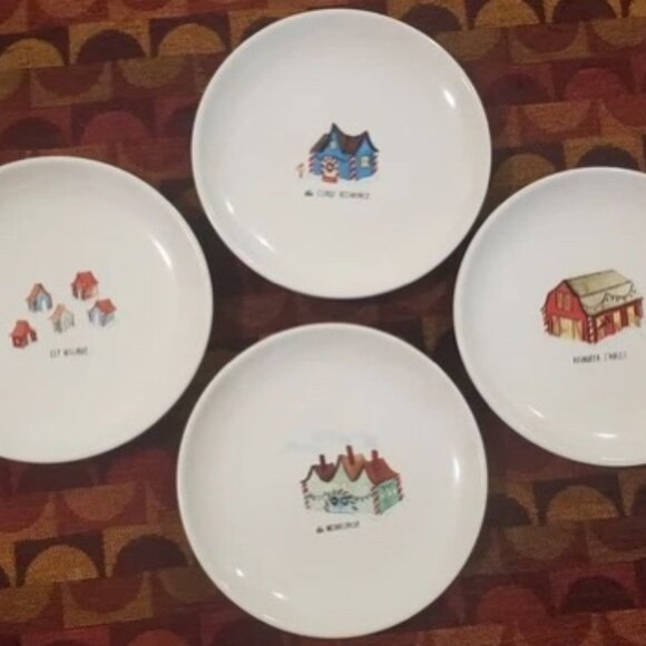 Rae Dunn Magenta Xmas Santa & Elf Village Collection Appetizer Plates x4 NWT - Picture 2 of 8